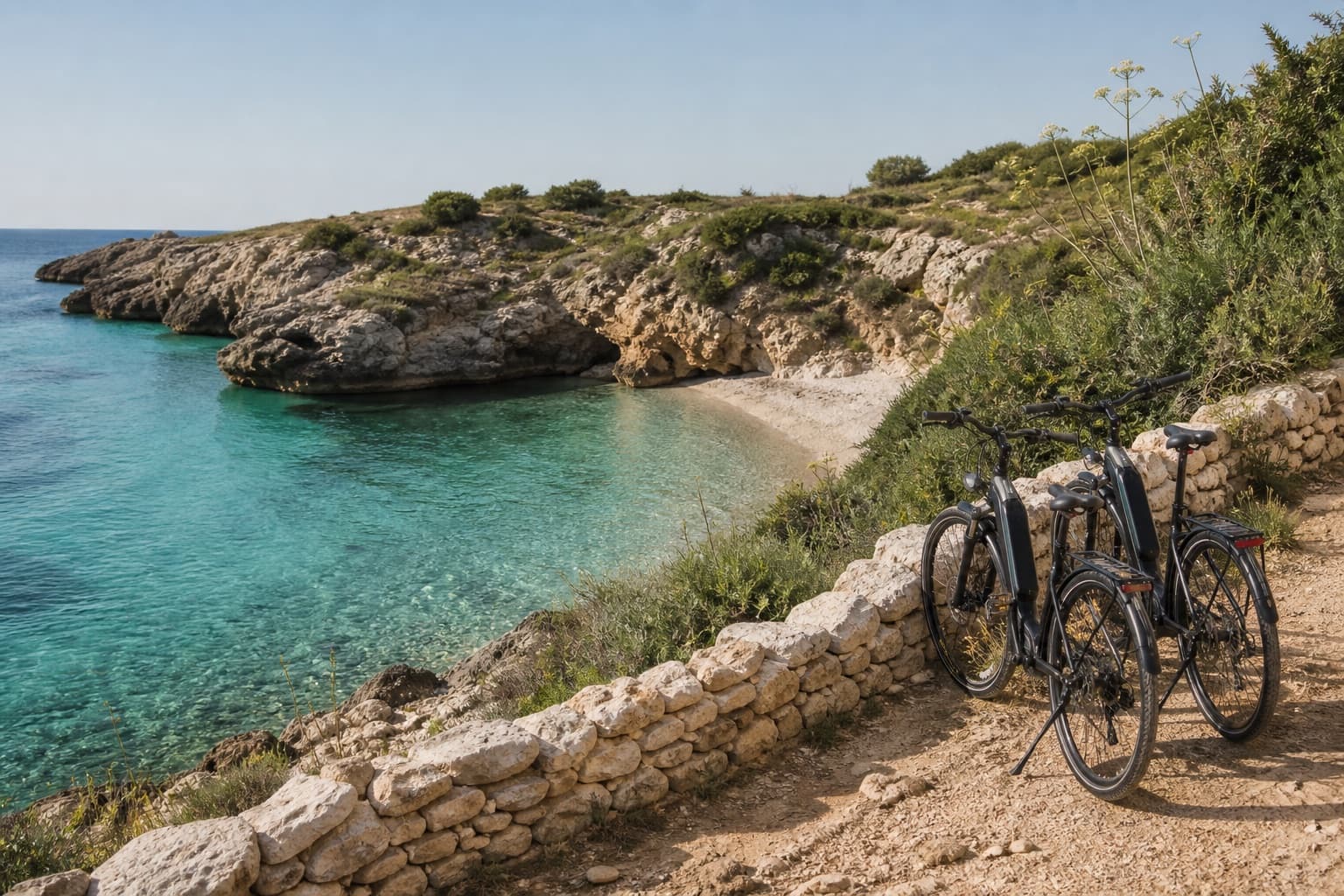 E-bikes beside a quiet cove along the Monopoli coast